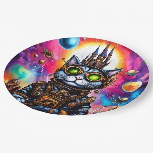 Steampunk Space Cat I Pappteller (Schrägansicht)