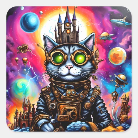 Steampunk Space Cat I Quadratischer Aufkleber (Vorderseite)