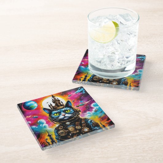 Steampunk Space Cat II Glasuntersetzer (Schrägansicht)