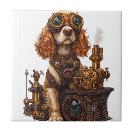 Steampunk Spaniel � viktorianischer Hundeerfinder Fliese (Vorderseite)