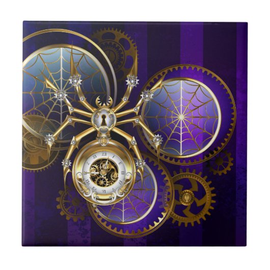 Steampunk Spider im Lila Hintergrund Fliese (Vorderseite)