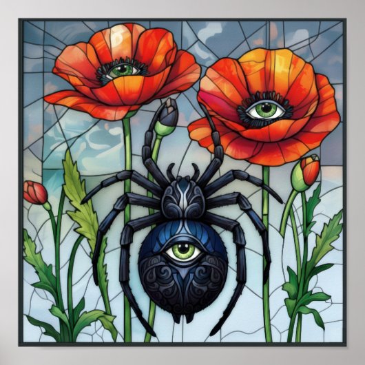 Steampunk-Spinne-Mohn-Blumen-Insekten-Kunst Poster (Vorne)