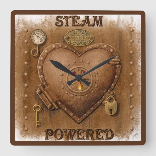 Steampunk Steam Powered Heart Quadratische Wanduhr (Vorderseite)