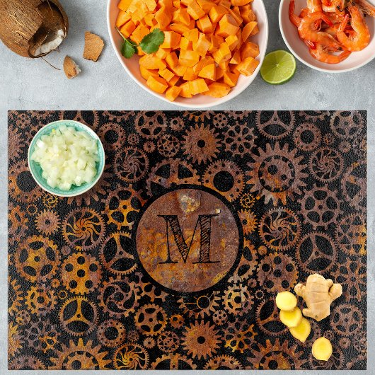 Steampunk Super Colorful Rusty Gears Monogram Schneidebrett