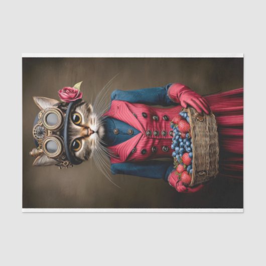 Steampunk Tabby Katze & Beerkorb DY6R Decoupage Seidenpapier (Vorderseite)