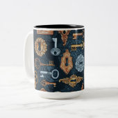 Steampunk-Tasten und Tastenhalter-Muster-Tasse Zweifarbige Tasse (Vorderseite Links)