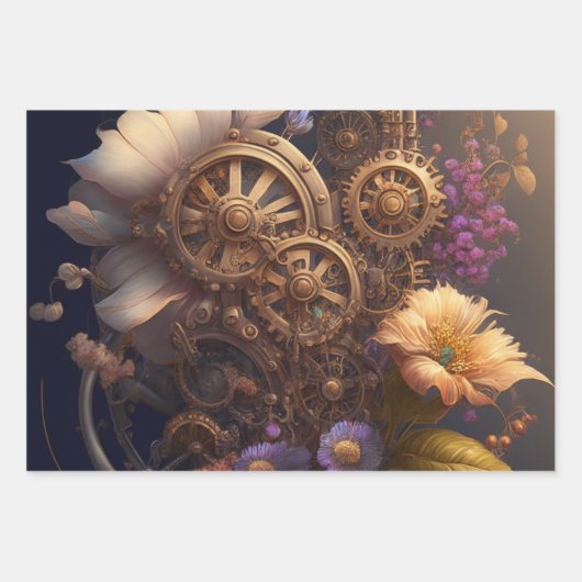 Steampunk Theme Metallgetriebe und Blume Geburtsta Geschenkpapier Set (Vorderseite 2)