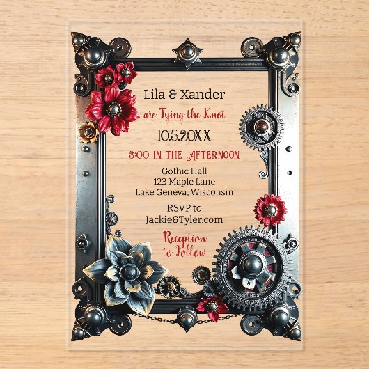 Steampunk Themed Wedding Acryleinladungen (Vorderseite)