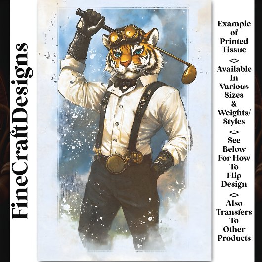 Steampunk Tiger Golfer Wasserfarbe BY7 Decoupage Seidenpapier