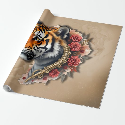 Steampunk Tiger mit Rose Illustration. Geschenkpapier (Ungerollt)