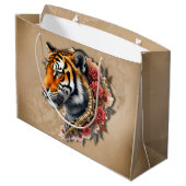 Steampunk Tiger mit Rose Illustration. Große Geschenktüte (Rückseite Schrägansicht)
