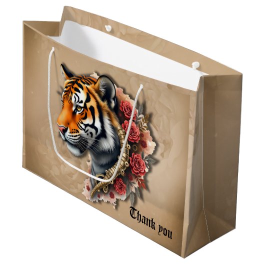 Steampunk Tiger mit Rose Illustration. Große Geschenktüte (Vorderseite Schrägansicht)