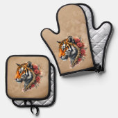 Steampunk Tiger mit Rose Illustration. Ofenhandschuh & Topflappen-Set (Vorderseite/Rückseite)