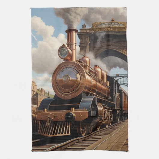 Steampunk Train Verlassend London Geschirrtuch (Vertikal)