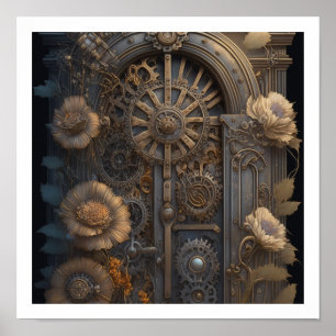 Steampunk-Tür mit Blumen Poster