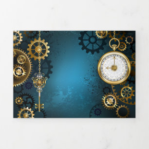 Steampunk Türkis Hintergrund mit Zahnrädern Dreifach Gefaltete Urlaubskarte