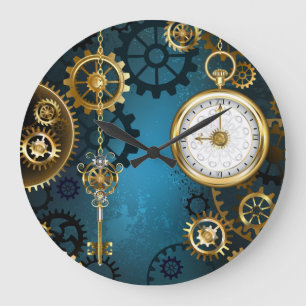 Steampunk Türkis Hintergrund mit Zahnrädern Große Wanduhr