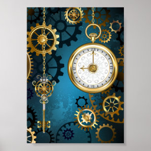 Steampunk Türkis Hintergrund mit Zahnrädern Poster