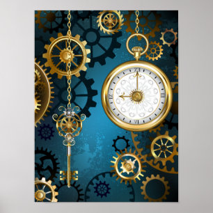 Steampunk Türkis Hintergrund mit Zahnrädern Poster