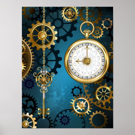 Steampunk Türkis Hintergrund mit Zahnrädern Poster (Vorne)