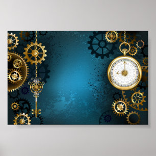 Steampunk Türkis Hintergrund mit Zahnrädern Poster