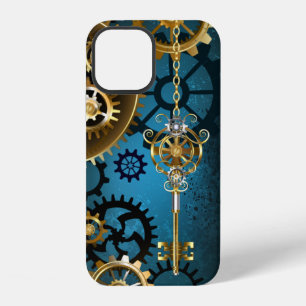 Steampunk türkiser Hintergrund mit Zahnrädern iPhone 12 Hülle