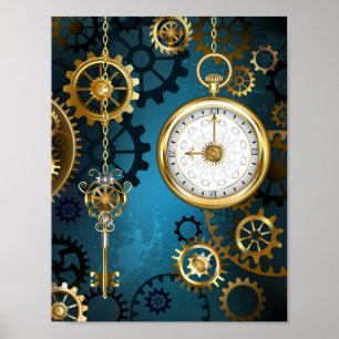 Steampunk türkiser Hintergrund mit Zahnrädern Poster