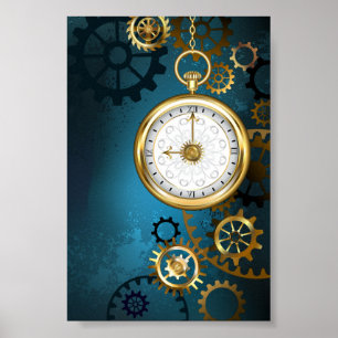 Steampunk türkisfarbener Hintergrund mit Zahnräder Poster