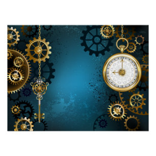 Steampunk türkisfarbener Hintergrund mit Zahnräder Poster