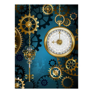 Steampunk türkisfarbener Hintergrund mit Zahnräder Poster