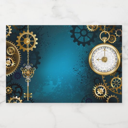 Steampunk turquoise Background with Gears Lebensmitteletikett (Einzelnes Label)