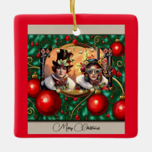 Steampunk Two Hearts Christmas Keramikornament