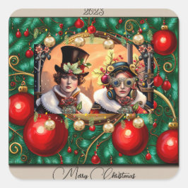 Steampunk Two Hearts Christmas Quadratischer Aufkleber