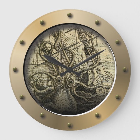 Steampunk U-Boot Porthole Riesenoctopus Große Wanduhr (Vorderseite)