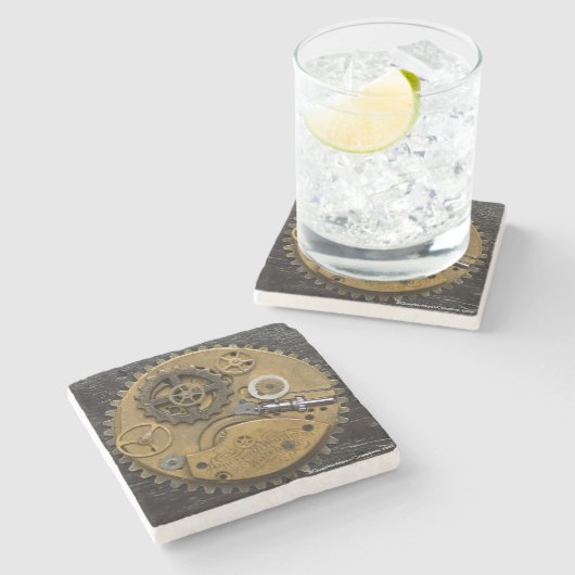 Steampunk Uhr-Getränk-Untersetzer, SciFi Steinuntersetzer (Seitenansicht)