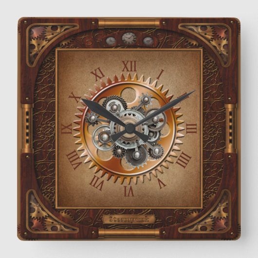 Steampunk-Uhr~Grosses antikes Zahnrad~römische Zah Quadratische Wanduhr (Vorderseite)