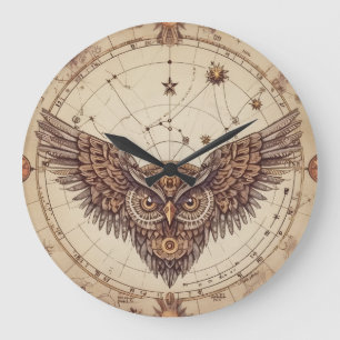 Steampunk-Uhr mit Eulenelementen an der Wand Vin Große Wanduhr
