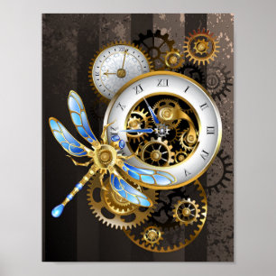Steampunk-Uhr mit mechanischer Libelle Poster