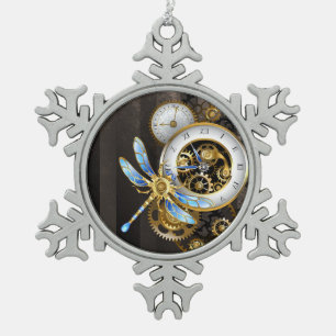 Steampunk-Uhr mit mechanischer Libelle Schneeflocken Zinn-Ornament