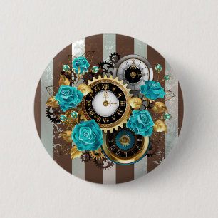 Steampunk-Uhr und türkisfarbene Rose auf Streifen Button