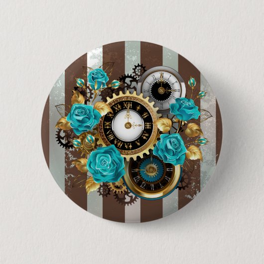 Steampunk-Uhr und türkisfarbene Rose auf Streifen Button (Vorderseite)