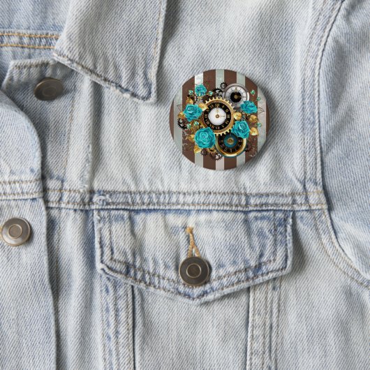 Steampunk-Uhr und türkisfarbene Rose auf Streifen Button (Beispiel)