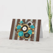Steampunk-Uhr und türkisfarbene Rose auf Streifen Einladung (Vorderseite)