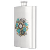 Steampunk-Uhr und türkisfarbene Rose auf Streifen Flachmann (Links)