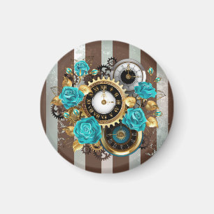 Steampunk-Uhr und türkisfarbene Rose auf Streifen Magnet