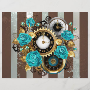 Steampunk-Uhr und Türkisrosen auf Gestreift Flyer