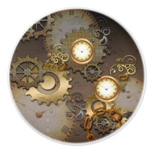 Steampunk, Uhren und Gänge im goldenen Metall Keramikknauf