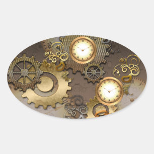 Steampunk, Uhren und Zahnräder Ovaler Aufkleber