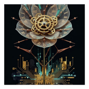 Steampunk-Uhrwerk-Blume: Temporäre Blüten-Engine Poster