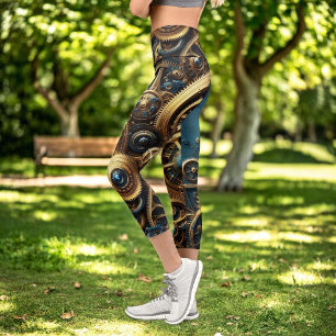 Steampunk-Uhrwerk Gold und Aquamarin Capri Leggings